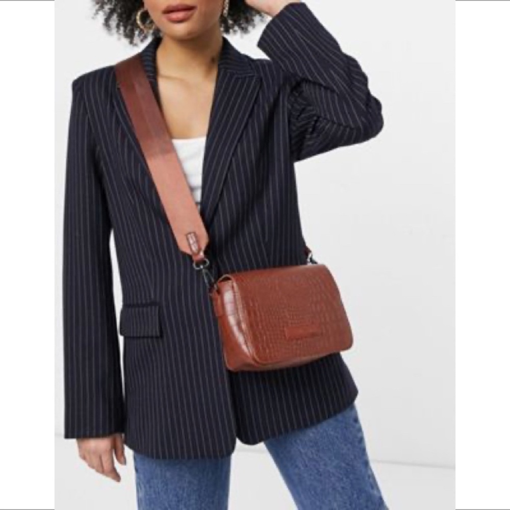 Cross Body Bag with Webbing Strap in Tan Croc by Claudia Canova